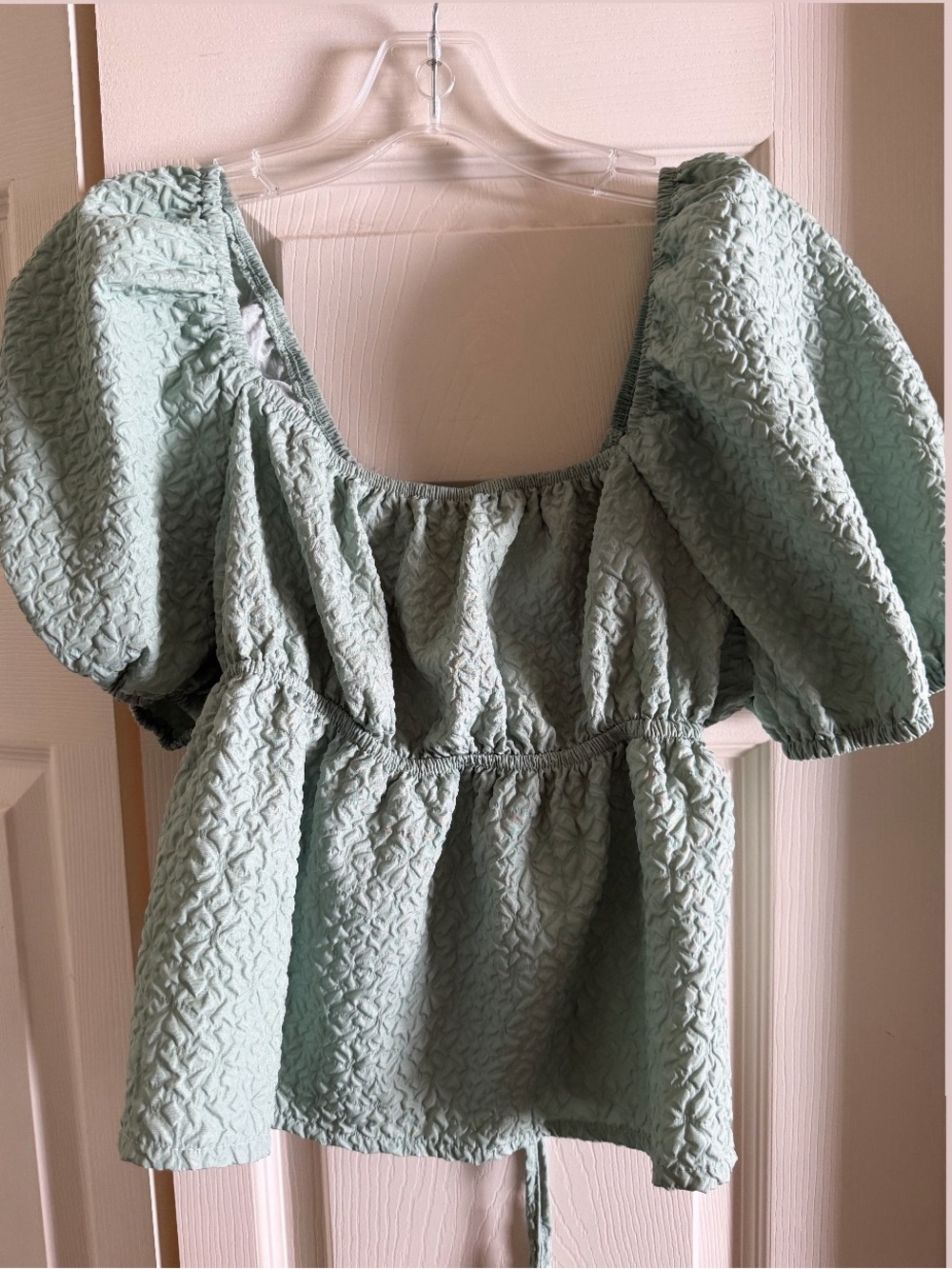 SHEIN Sage Green Textured Puff Sleeve Peplum Top with Criss Cross back